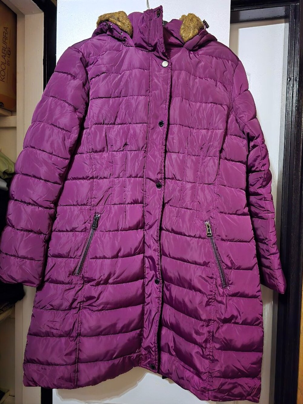 Kenneth Cole Women's Long Quilted Hooded Puffer Coat Jacket in Plum - Size Large